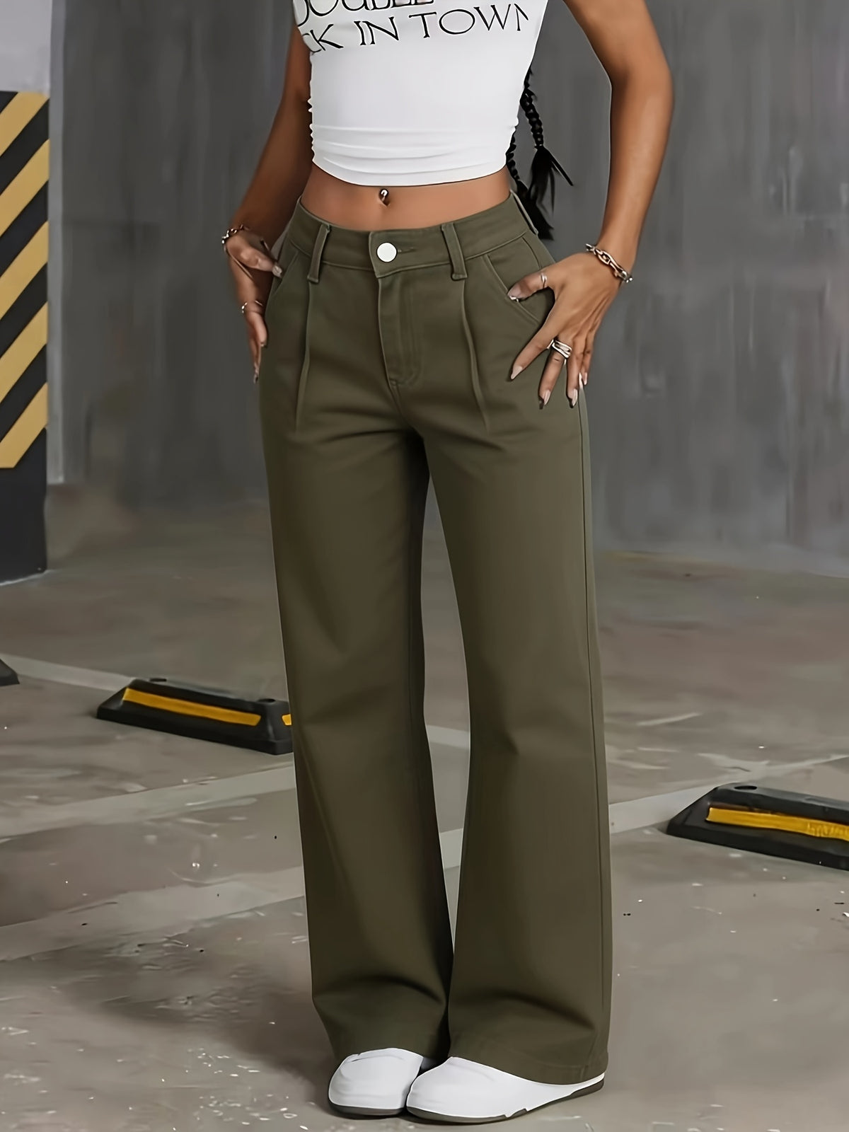 Military Green Washed Denim 2026 New Style Mid-rise Loose  Casual Straight-leg Long Pants with Freely Rollable Cuffs - Olive Green