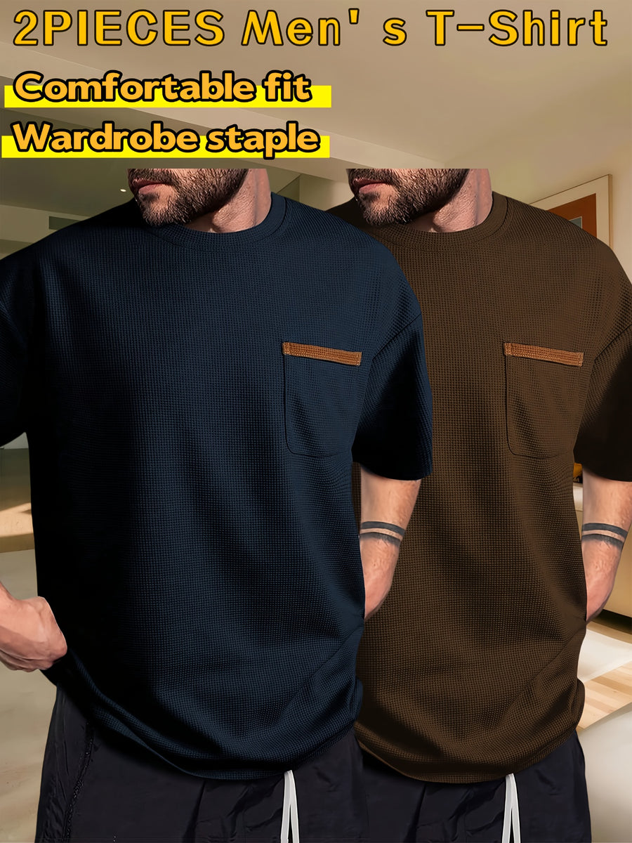 Men's Waffle-Knit Short Sleeve T-Shirt - Breathable Base Layer & Casual Round Neck Pocket Tee, Solid Color Suitable for Gym, Casual Attire, Machine Washable, Spring/Summer Layering Shirt, High-Fit Rate for Lifestyles - Navy Blue+Coffee