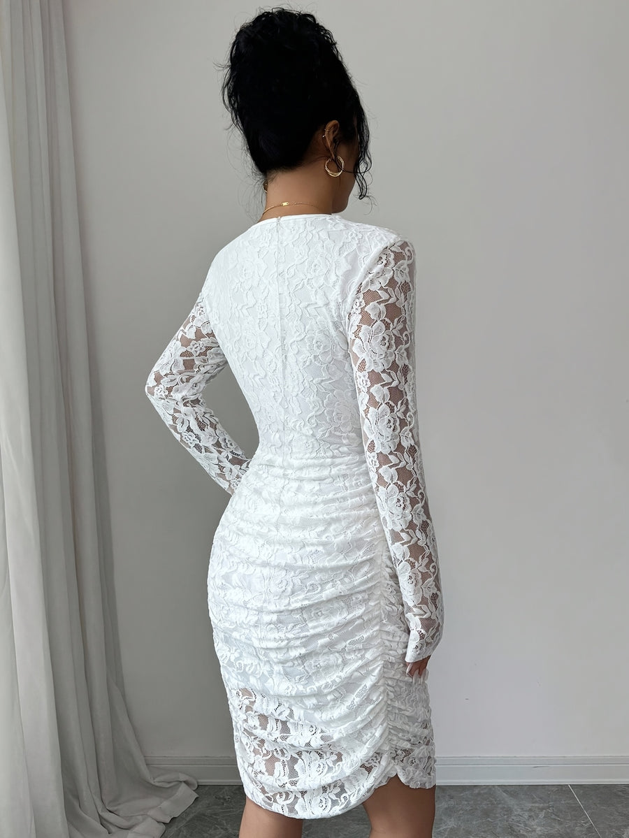 Women's Elegant Slim-Fit Mini Dress with Ruffled Collar, Ruffle Hem, and Corded Lace, Evening Gown, Bridesmaid Dress - Ivory White