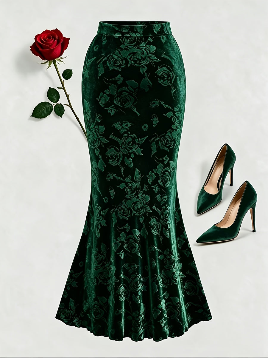 Elegant Velvet Three-Dimensional Rose Embossed Mermaid Skirt, Baita Fashion Dress - Dark Green