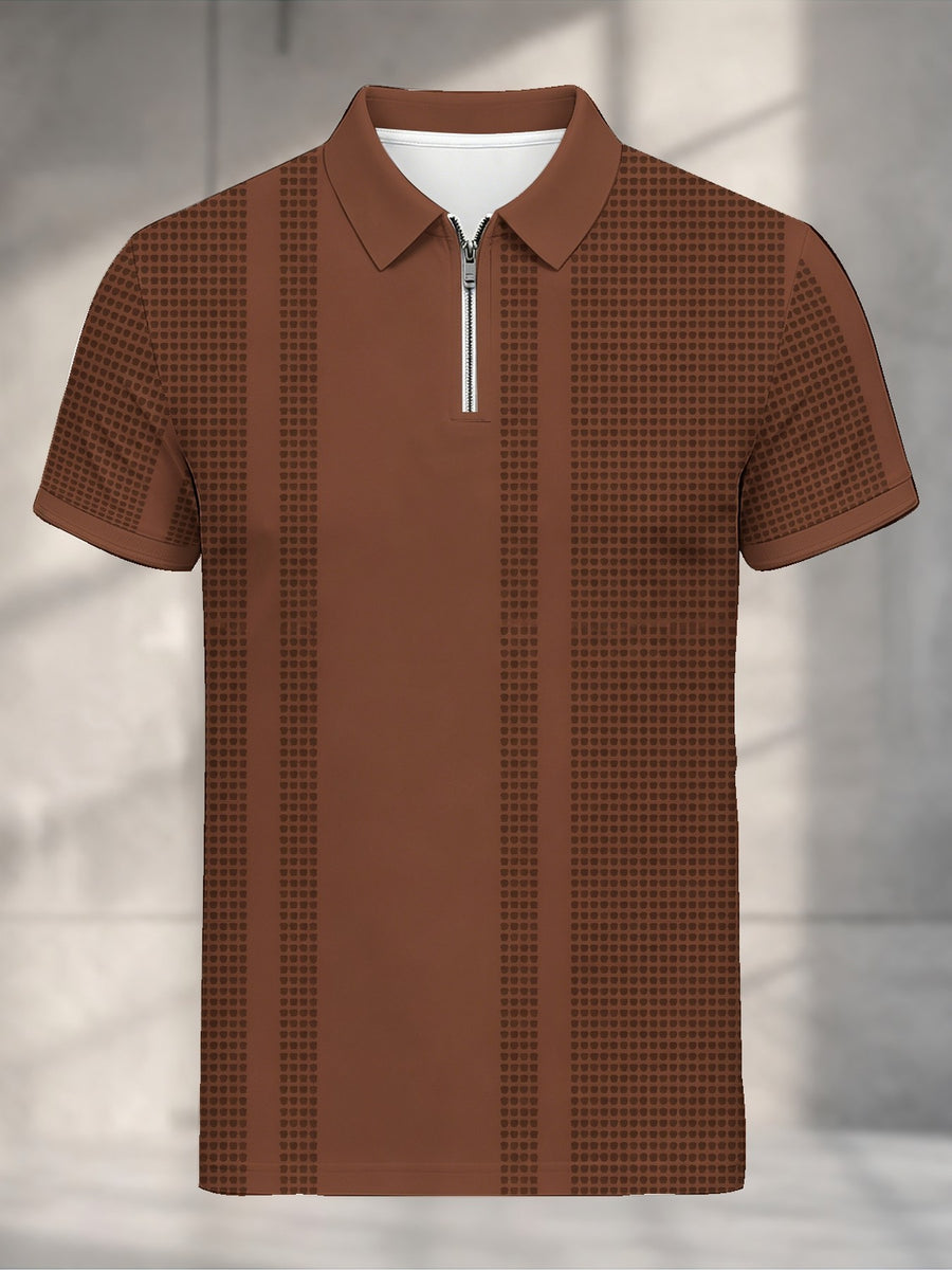 [Printed Design - Not Textured] Men'S Short Sleeve Zip Polo Shirt, Brown Geometric Dot Vertical Stripe, Digital Print, Zip Placket Polo Collar, Regular Fit, Polyester, Casual, for Daily Commuting And Weekend Leisure, Summer - Mixed colors