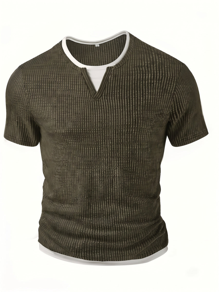 Men'S Fashion Men'S Top, Spring Summer Casual Textured Ribbed Fabric Contrast Color Patchwork Round Neck Short Sleeve Men'S Henley Shirt - Green