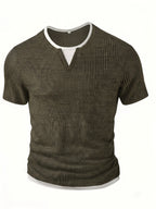 Men'S Fashion Men'S Top, Spring Summer Casual Textured Ribbed Fabric Contrast Color Patchwork Round Neck Short Sleeve Men'S Henley Shirt - Green