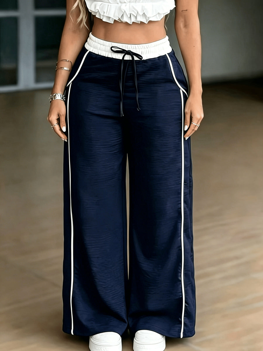 HMY Loose And Wide-Leg Pants for Women, Contrasting Color Waistband Drawstring Design, Side White Stripe Straight Casual Pants + [Ta Lan] - Navy Color