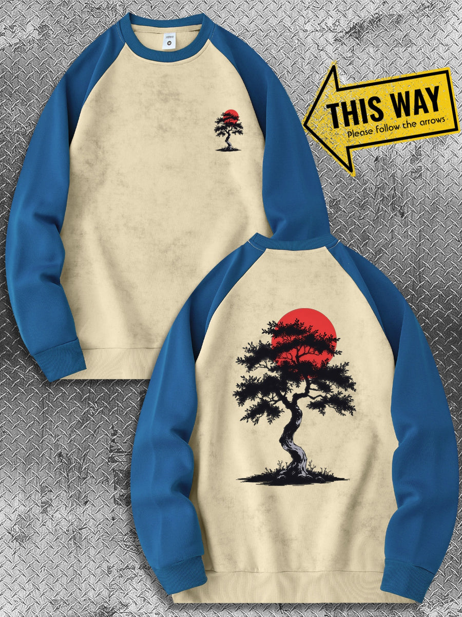 Men'S New Trendy Autumn And Winter Color-Blocked Round-Neck Sweatshirt, Casual And Comfortable with a Bit of Stretch, Featuring a Bonsai Tree Print, Perfect As a Gift for Men - Peacock Blue