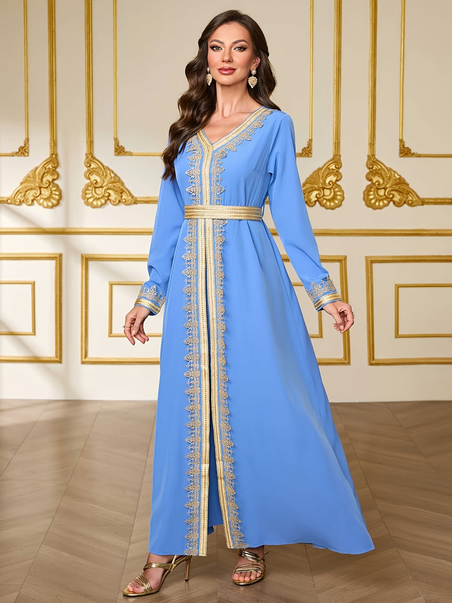 Ramadan Limited Edition Apparel, Vintage Black Base Gilded Embroidered Trim Robe, Lace-Up Waist Style Women'S Dress - Blue