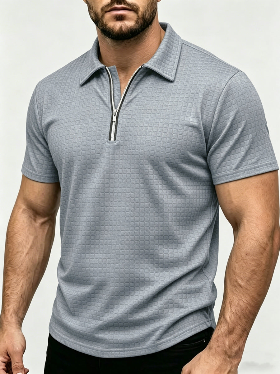 Men's Waffle Knit Half-Zip Polo Shirt, Loose Fit Solid Color Versatile Short Sleeve - Light Grey