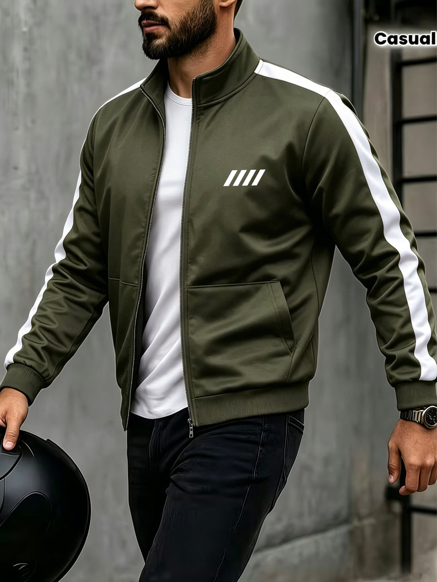 Easy Men'S Stand-Collar Sports Cardigan, Two-Tone Contrast Striped Stiff Jacket with Minimalist Chest Line Print, Suitable for Outdoor Camping Hiking Fitness Daily Commute Long-Sleeve Jacket - Military green1