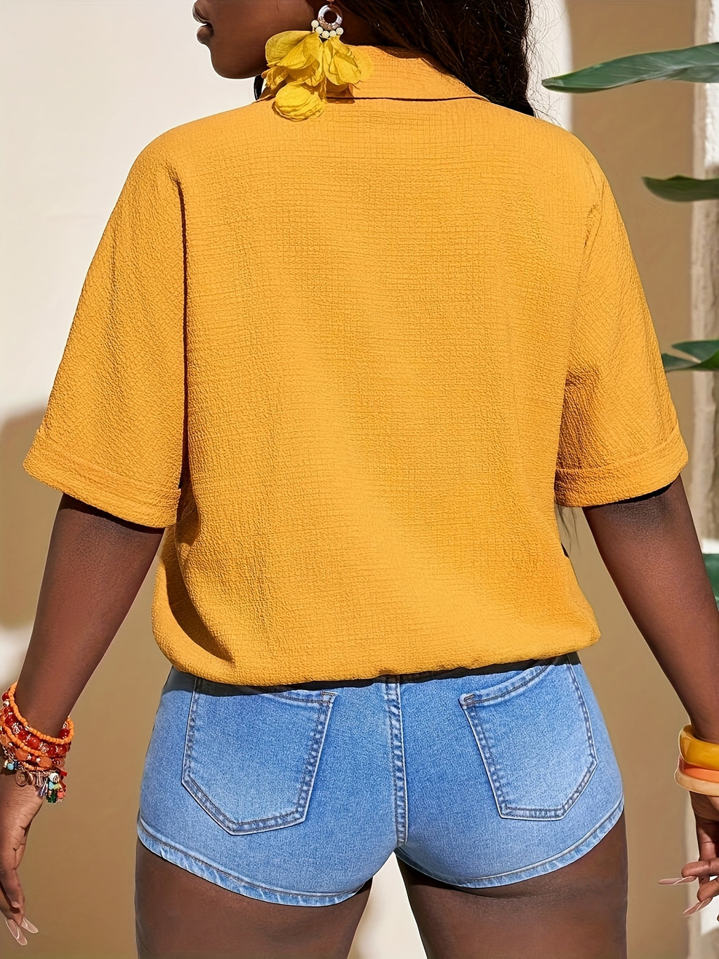 Women'S Autumn And Winter Clothing Summer New Texture Fabric Orange Short-Sleeved Casual Vacation Shirt - Yellow