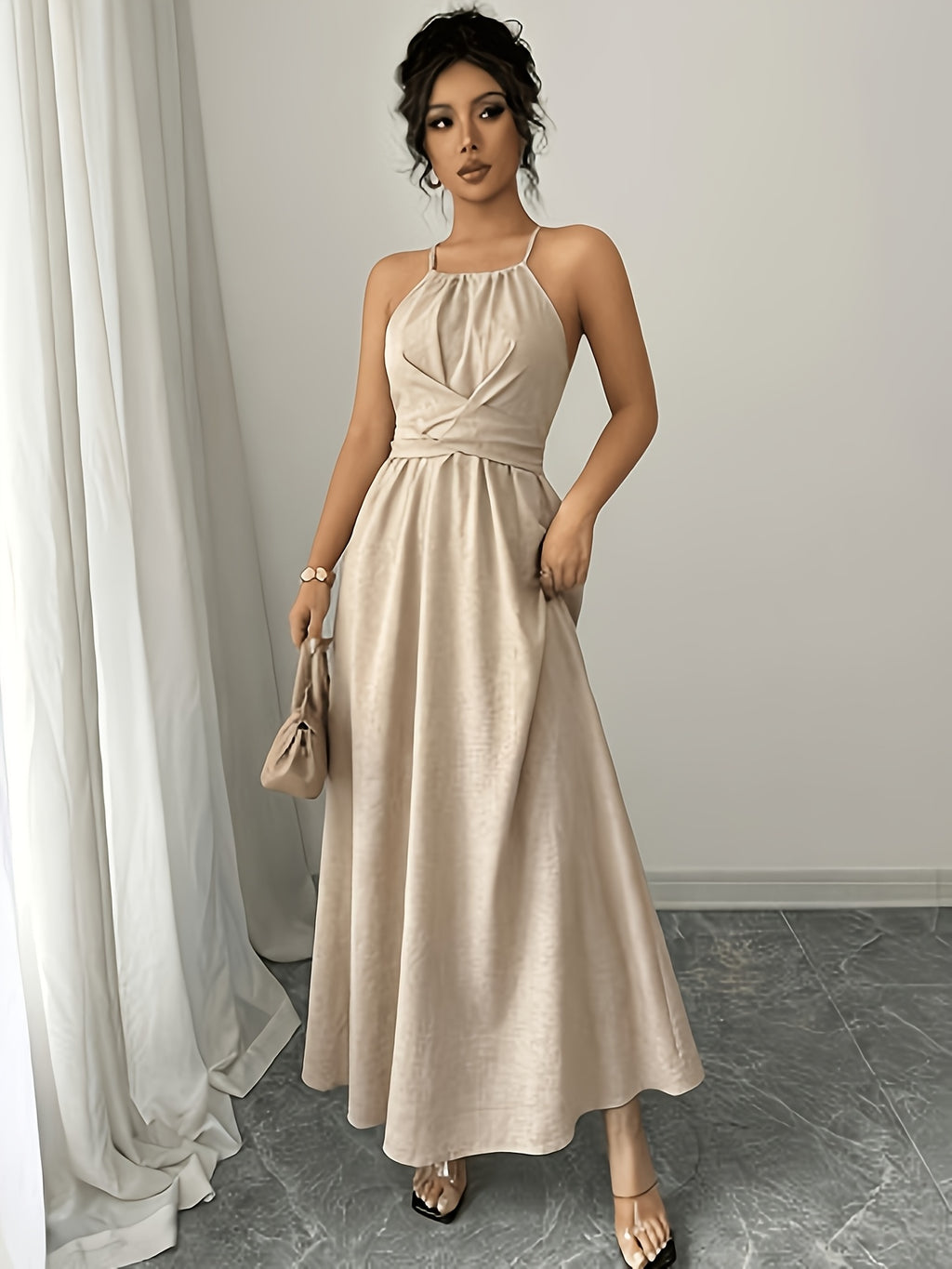 Women'S Early Spring Faux Bamboo Texture Sleeveless Cami Waist-Cinching A-Line Long Dress - Khaki
