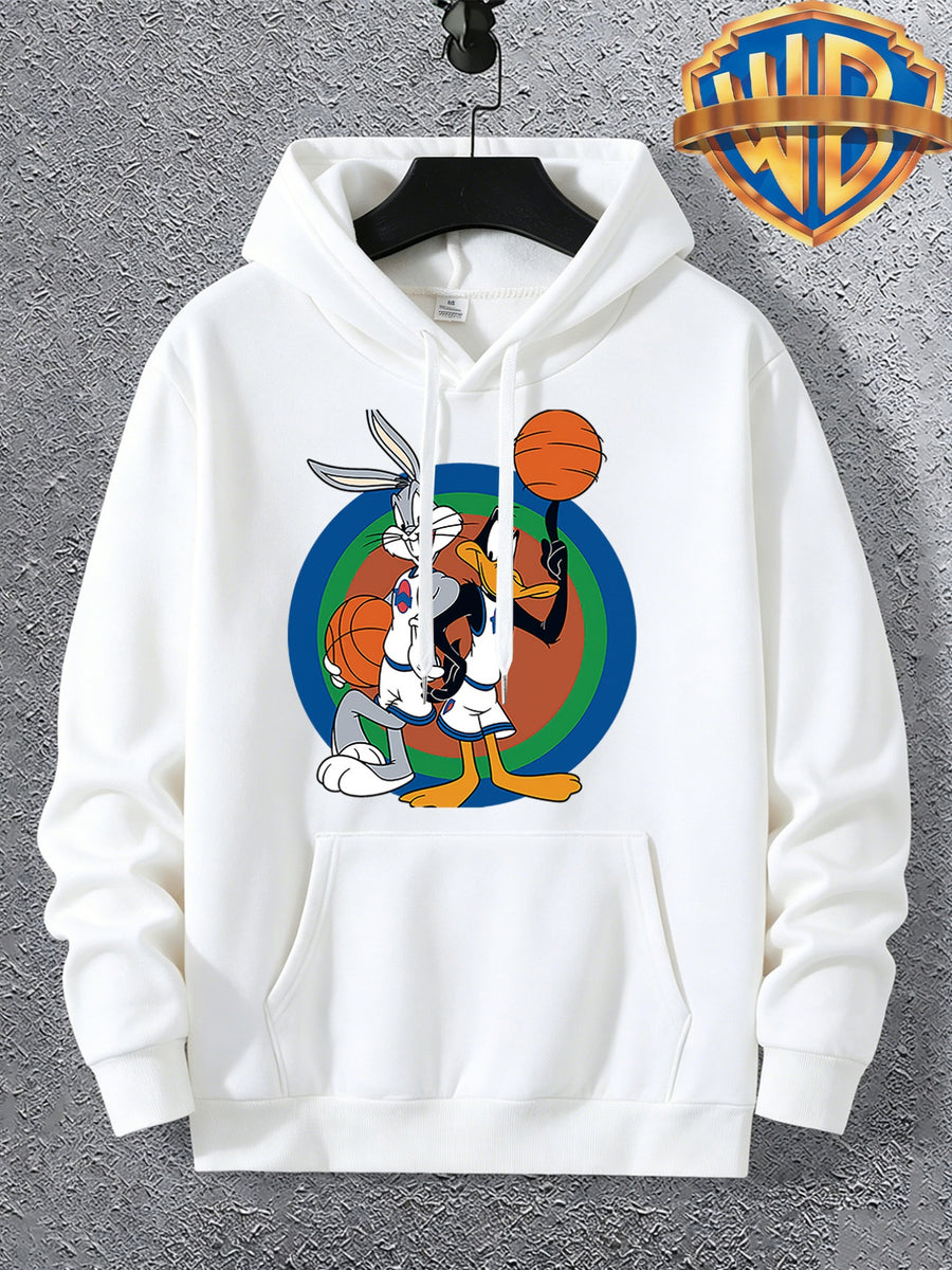 Warner Licensed Men'S Autumn Long Sleeve Hooded Sweatshirt, Durable Ribbed Cuffs, Breathable Polyester Fabric, Round Bottom with Rabbit And Duck Cartoon Print, Suitable for School Youth Casual Wear, Class, Club, Court Activities - White