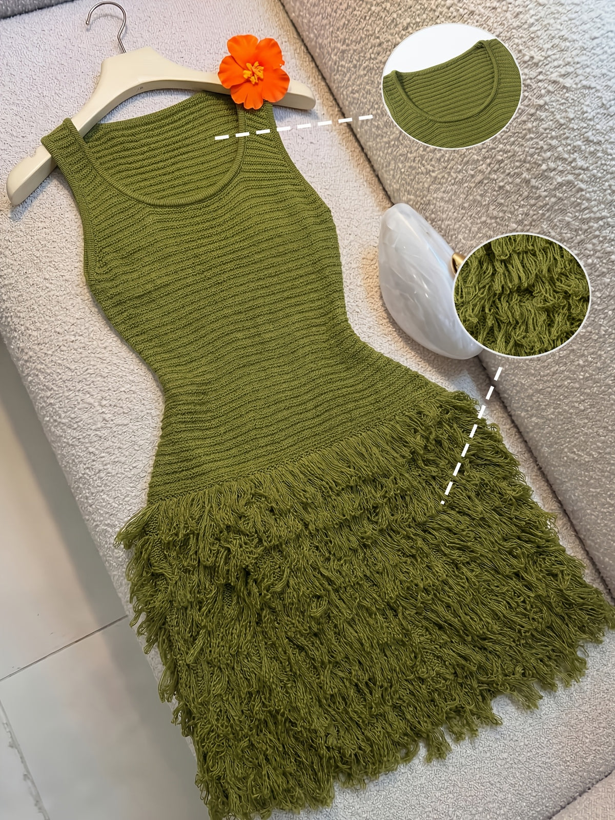 Beach Vacation Style, Handcrafted Tassel Design, And Slender High-End Elegant Vest Dress, High-End And Dignified, Versatile And Fashionable - Olive Green