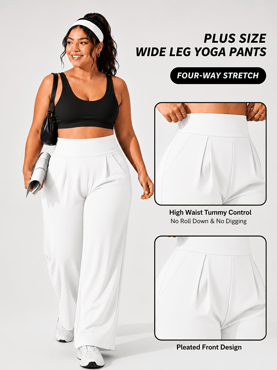 Plus Size Women'S High-Waist Wide-Leg for yoga Pants 0XL-4XL Tummy Control Non-Roll Non-Digging Front Pleated Deep Side Pockets Double-Sided Super Soft 4-Way Stretch Casual Sports Trousers for Yoga Gym Outdoor Work All Seasons - White