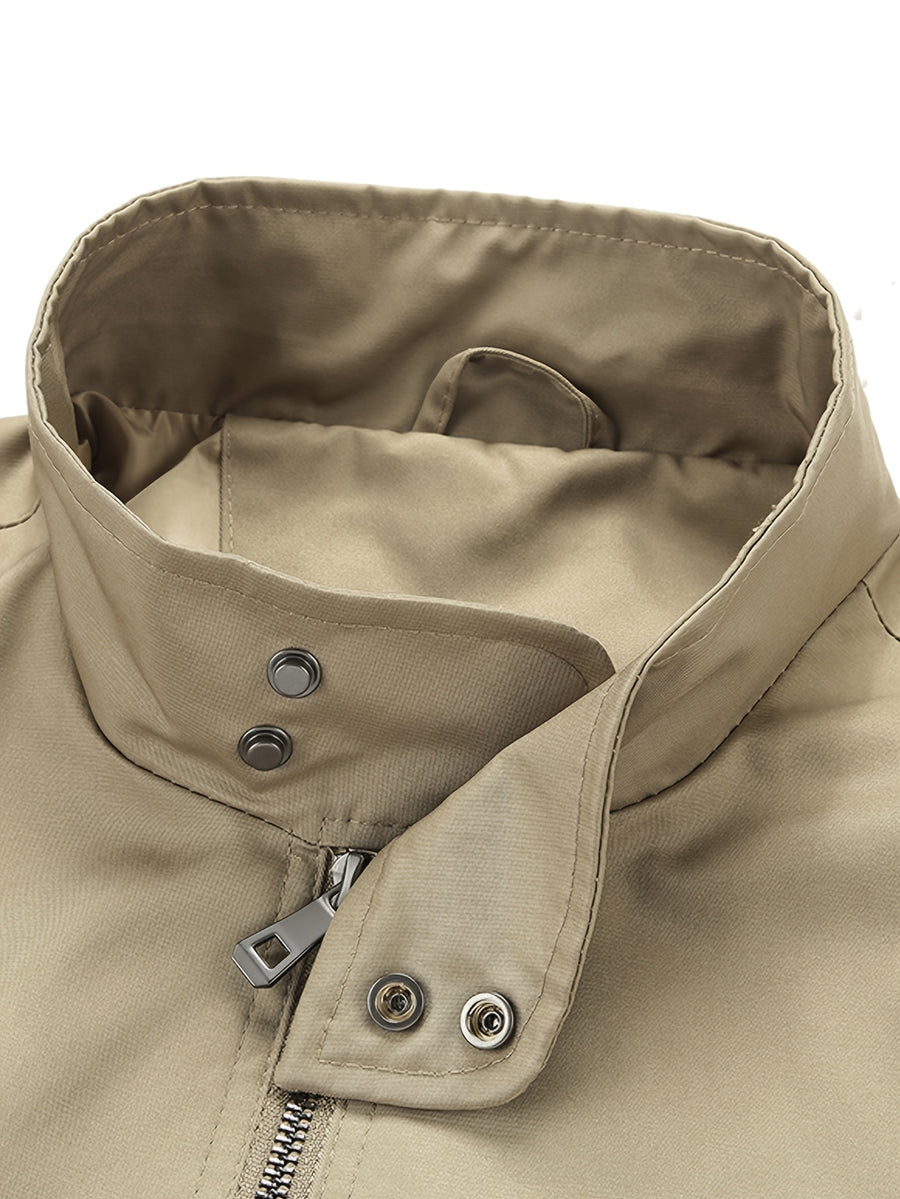 Men'S Spring Autumn Stand-Up Collar Casual Jacket, 100% Loose Fit, Ribbed Cuff Zippered Cardigan Coat, Solid Color Multi-Pocket Men'S Sporty Jacket, Suitable for Commuting, School, Daily Walking, Weekend Outings - Khaki