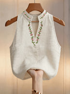 New Embroidered V-Neck Short Collar Women'S Vest for Outing, Vacation, Fashion, Commute, Fresh Sleeveless Top - Light Beige