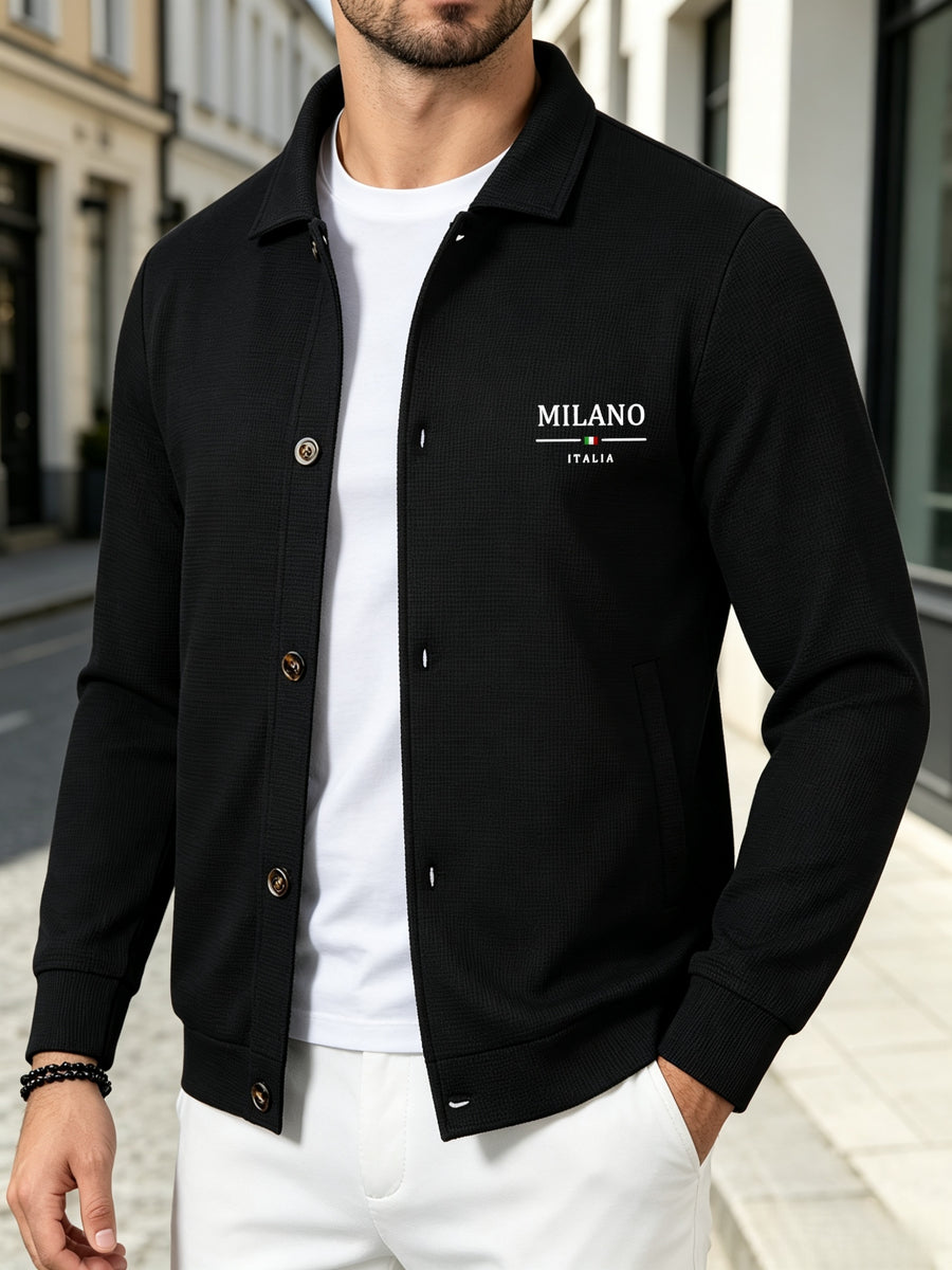 [Pearson OBM] Spring/Autumn New Men'S Solid Color Lapel Waffle Outdoor Sports Comfortable Breathable Men'S Jacket Long Sleeve Button-Up Jacket (Random Print) - Black