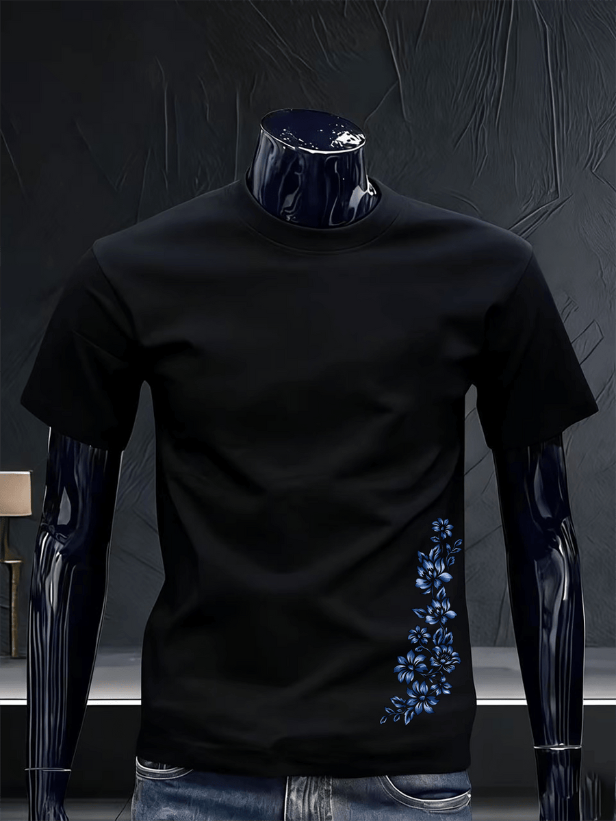 Blue-and-White Floral Vine Chinese Style Print Men's Tee Minimal New Chinese Versatile Loose Breathable Crew Neck Summer Commute Basic Top - Black