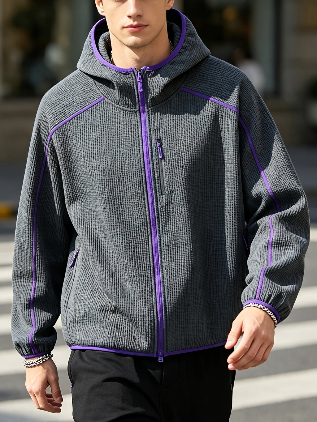 2026 New Men's Waffle Knit Textured Sport Jacket, Spring/Autumn Lightweight Hooded Outerwear, Suitable for Sports & Fitness, Outdoor Activities, Daily Home Wear, and Casual Outings - Dark Gray