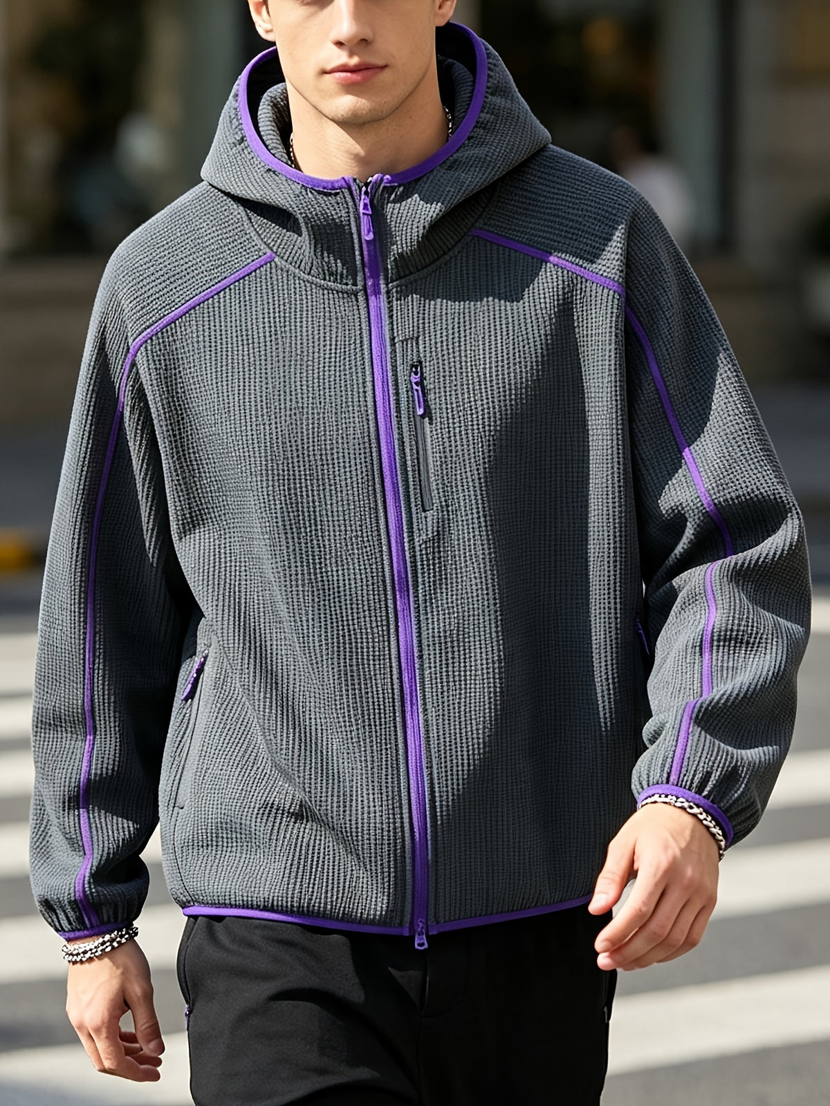 2026 New Men's Waffle Knit Textured Sport Jacket, Spring/Autumn Lightweight Hooded Outerwear, Suitable for Sports & Fitness, Outdoor Activities, Daily Home Wear, and Casual Outings - Dark Gray