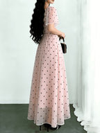 Elegant Pink Polka Dot Print Fashionable Square Neck Short-Sleeved Design Women'S Easy Long Dress, Summer Waist-Cinching Elegant Long Skirt, Suitable for Summer Vacation And Daily Wear Women'S Clothing - Pink