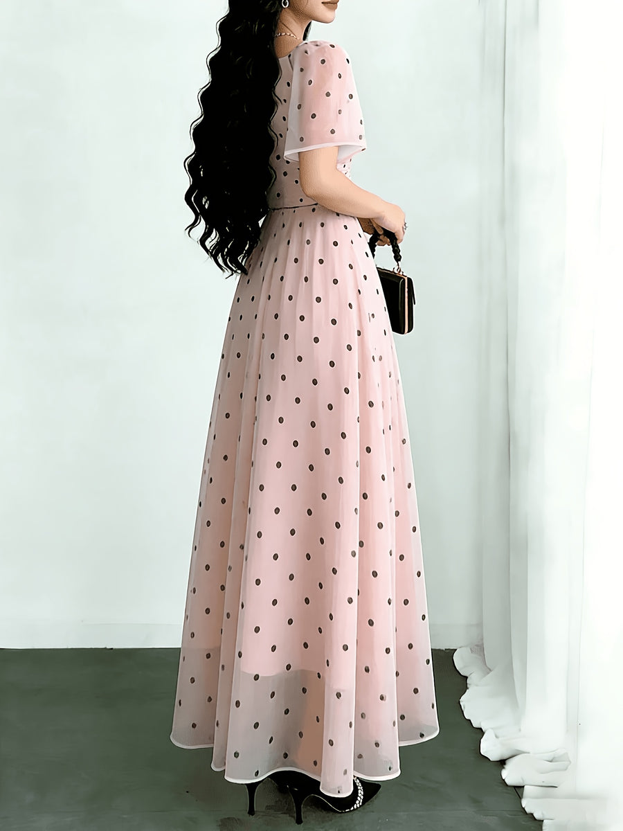 Elegant Pink Polka Dot Print Fashionable Square Neck Short-Sleeved Design Women'S Easy Long Dress, Summer Waist-Cinching Elegant Long Skirt, Suitable for Summer Vacation And Daily Wear Women'S Clothing - Pink