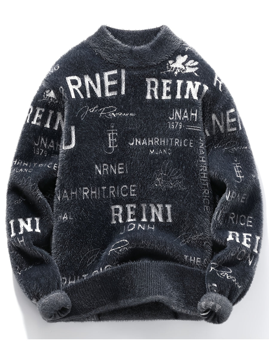Young Men's Fashionable Letter Jacquard Autumn and Winter New Round Neck Knitted Sweater Pullover Sweater Casual Base Top - Grey