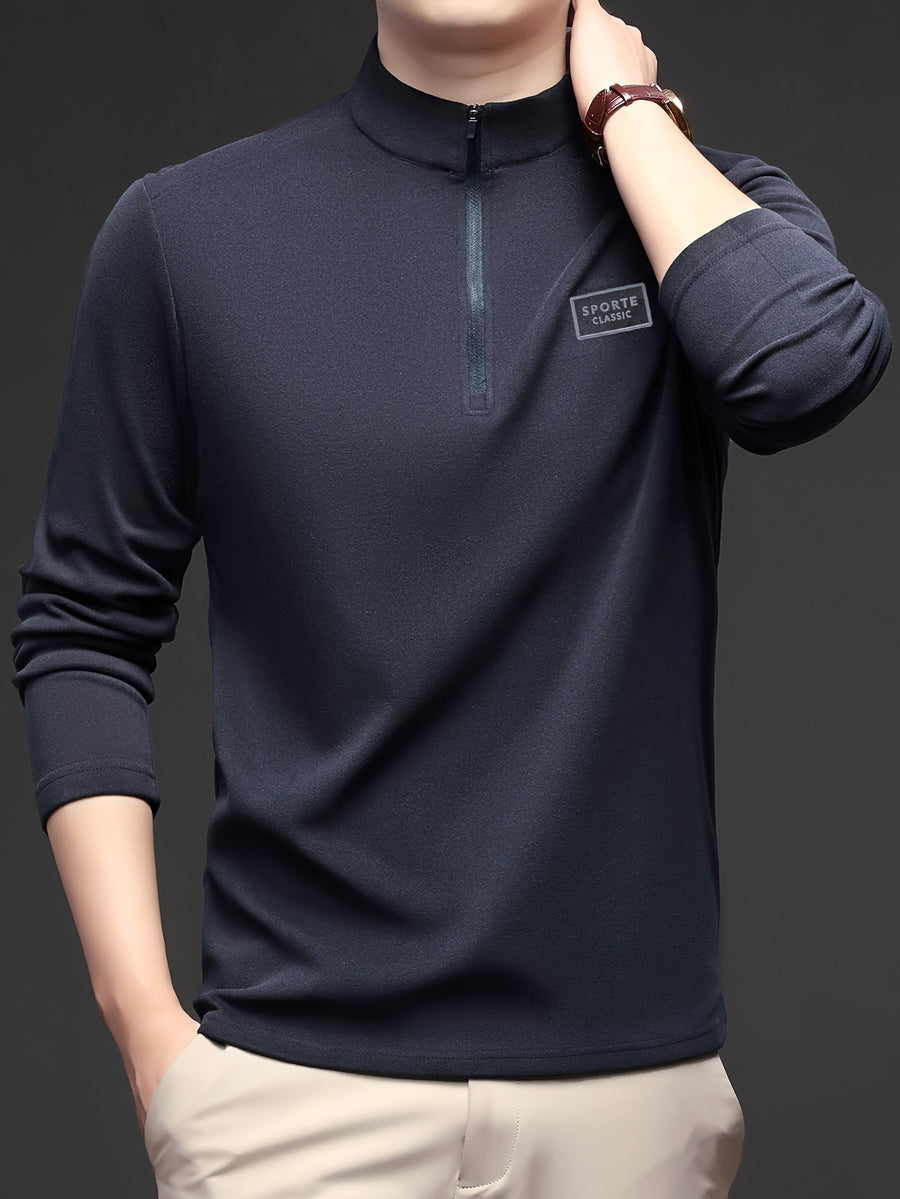 Men'S 1/4 Zip Long Sleeve Sweatshirt, Spring/Autumn Business Casual Golf Top, Half-Zip Collar High Neck Long Sleeve T-Shirt, Soft Comfortable Casual Sportswear, Outdoor Spring/Autumn Warm Clothing, Logo on Chest, Mature Men'S Apparel - Navy Color