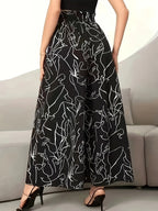 Women's Elegant Wide-Leg Pants - High Waist, Abstract Print, Machine Washable - Suitable for Spring/Summer Fashion, Casual Elegance | Wide-Leg Pants | Elastic Waistband - Black