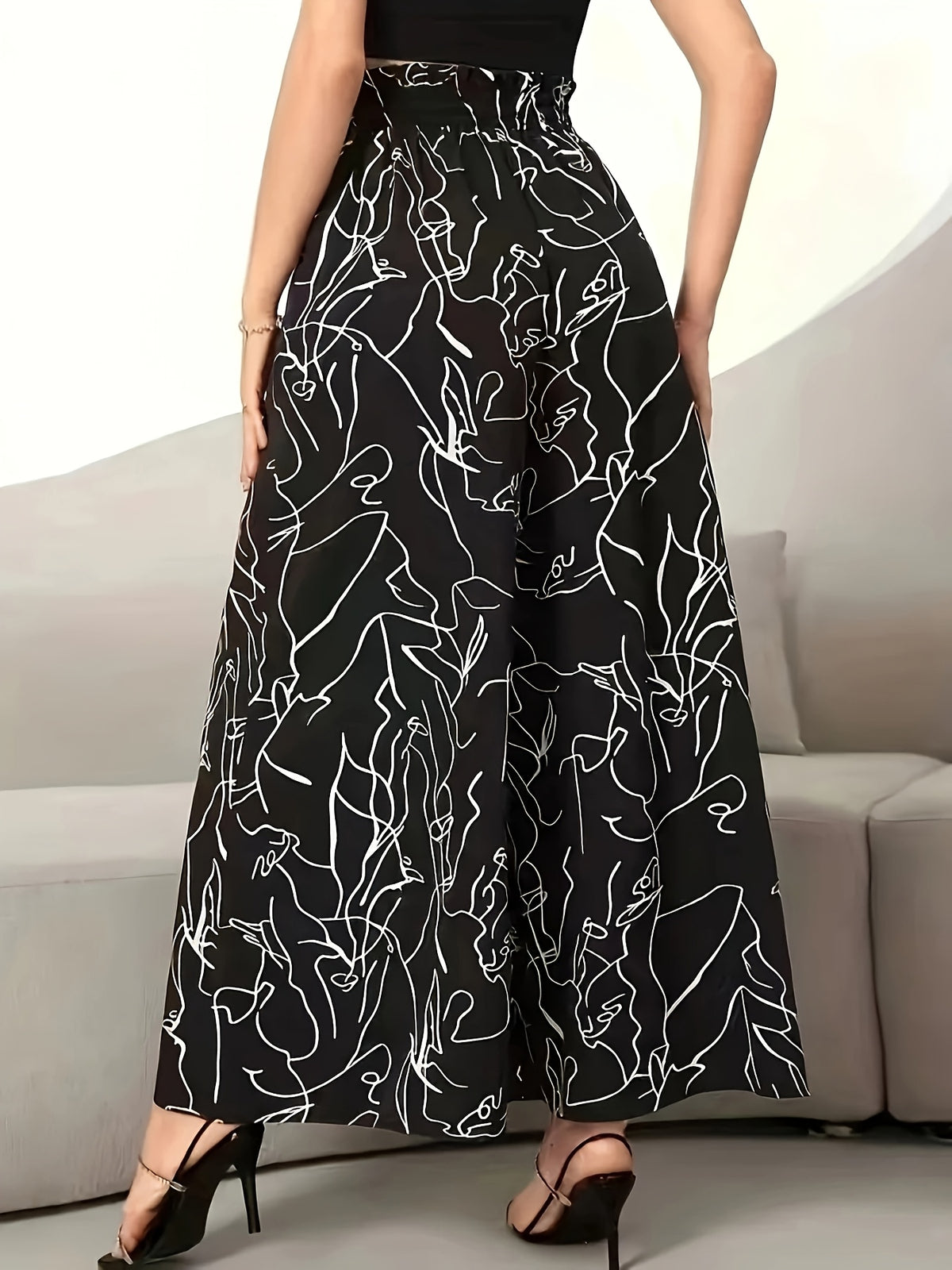 Women's Elegant Wide-Leg Pants - High Waist, Abstract Print, Machine Washable - Suitable for Spring/Summer Fashion, Casual Elegance | Wide-Leg Pants | Elastic Waistband - Black