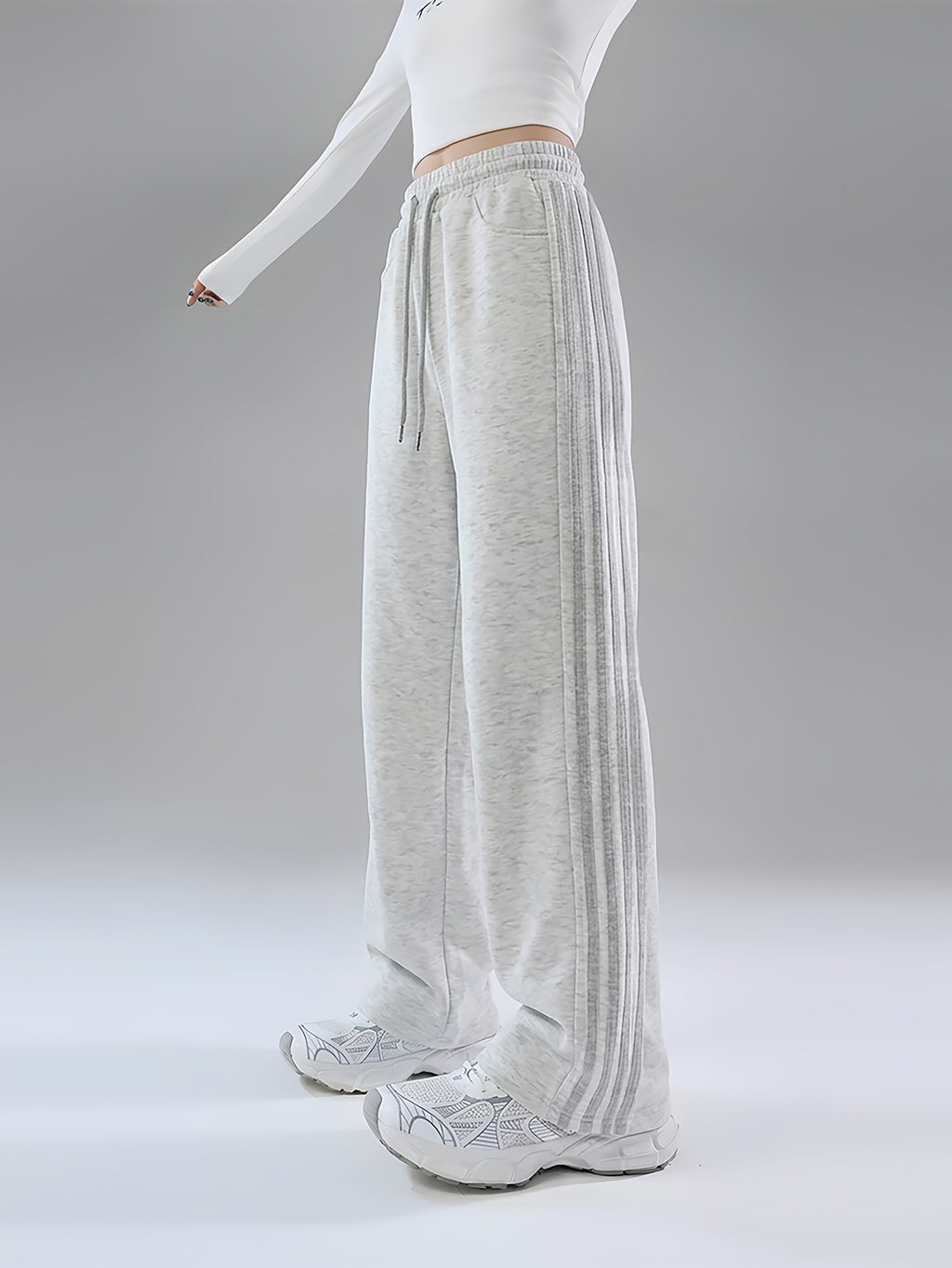 2025 Autumn Casual Easy Line Contrast Patchwork Casual Trousers American Loose Long Pants Women'S - 1A67-White Flower Ash with Medium Ash