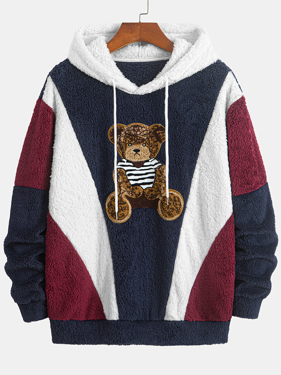 Men'S Bear Embroidered Hooded Plush Sweatshirt, National Trend Contrast Patchwork Thickened Warm Jacket, 3D Loose Winter -10°C Cold-Resistant Trendy Men'S Top - Navy Color