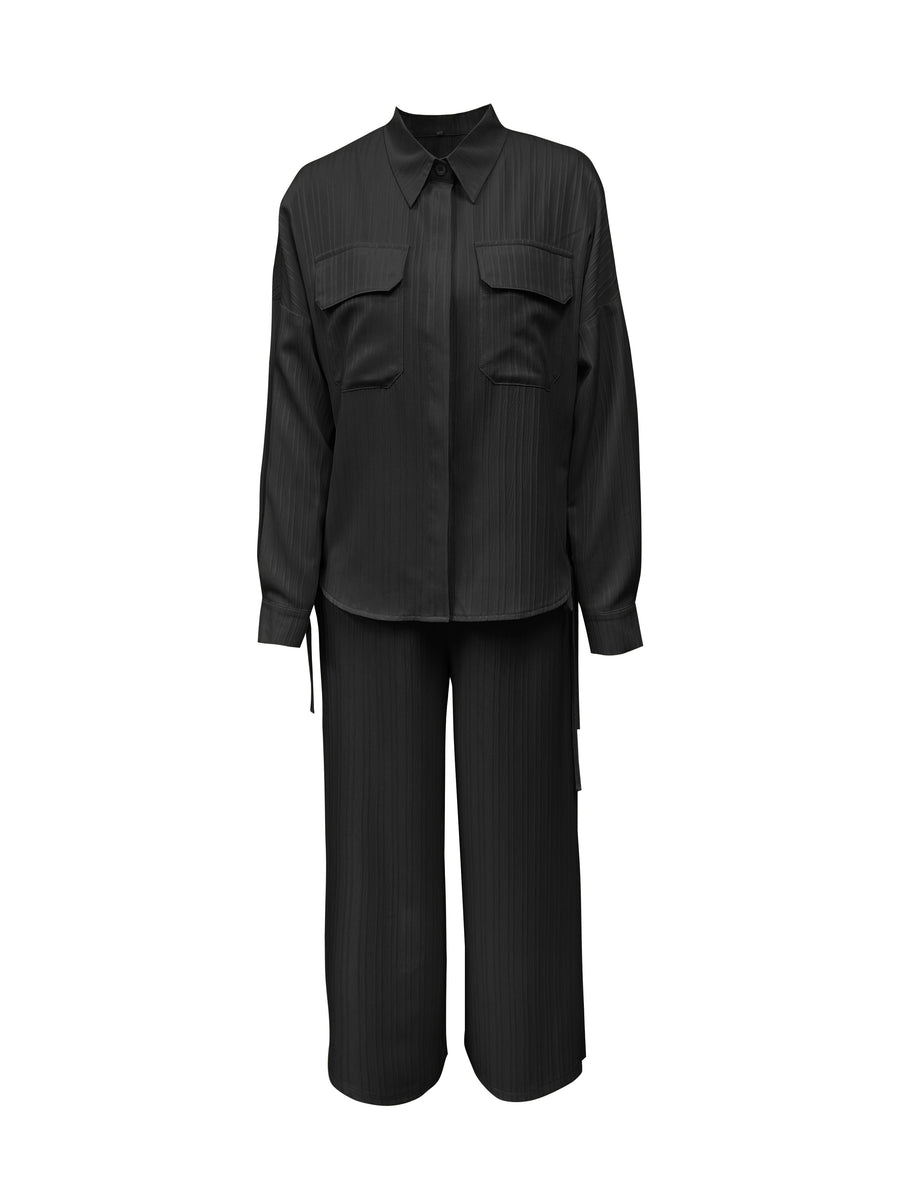 Autumn New Casual Comfortable Versatile Street Style Long Sleeve Shirt with Lapel And Matching Long Pants 2pcs Set for Women, Waist Belt Not Included - Black