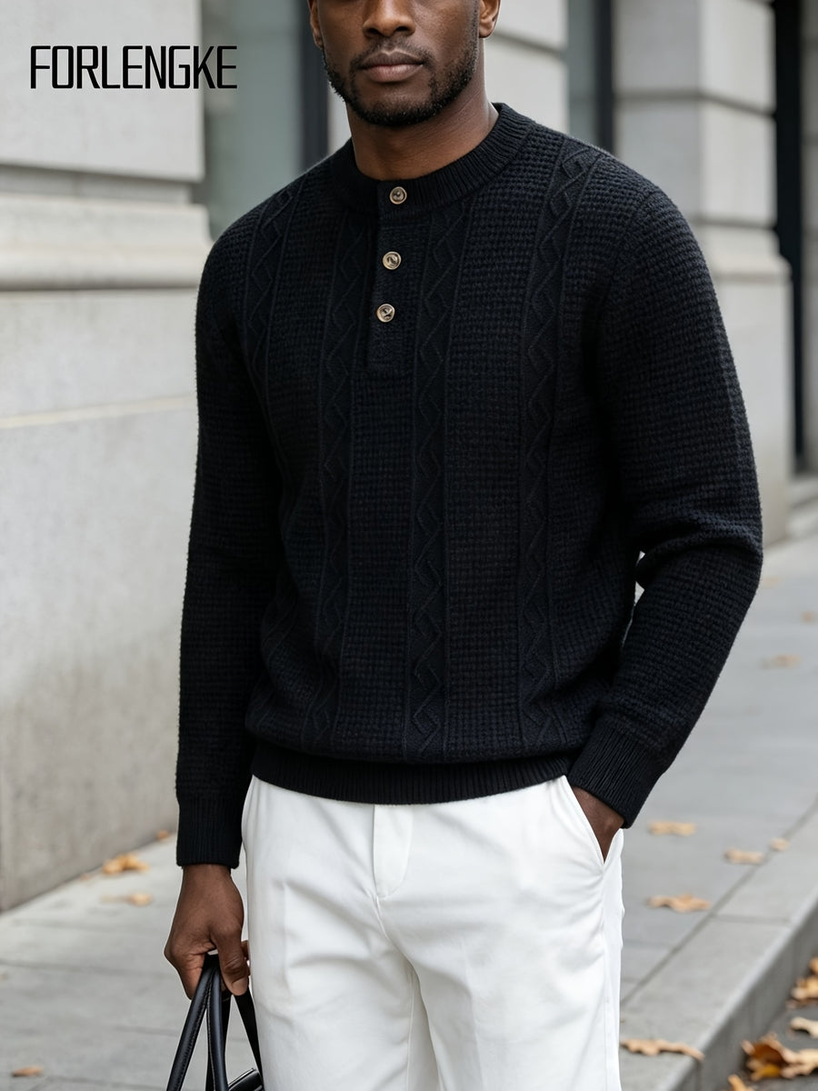 FORLENGKE Men's Intercity Light Travel Relaxed Style Textured Knit Henley Neck Sweater, Half-Open Collar Design Balances Formal and Casual, Durable Dense Knit Construction, Suitable for Autumn/Winter Short-Distance Business Trips, Road Trips - Black