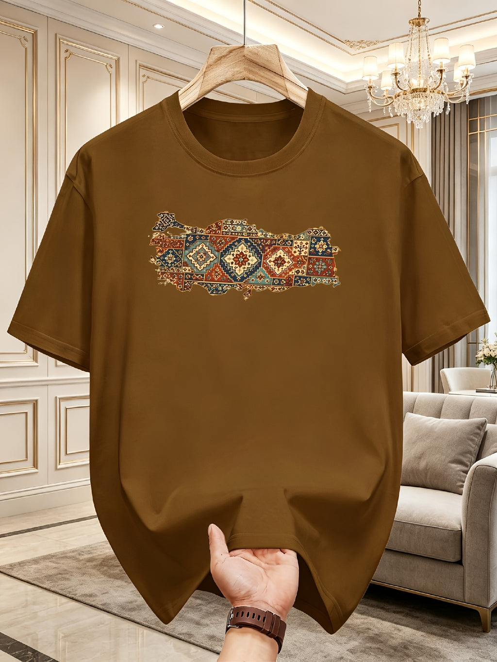New Pure Cotton Retro Mens Tshirt with National Geometric Carpet Pattern Comfortable and Soft Home Clothes Suitable for Daily Wear and Home Office Clothing Suitable for All Seasons - Dark Brown