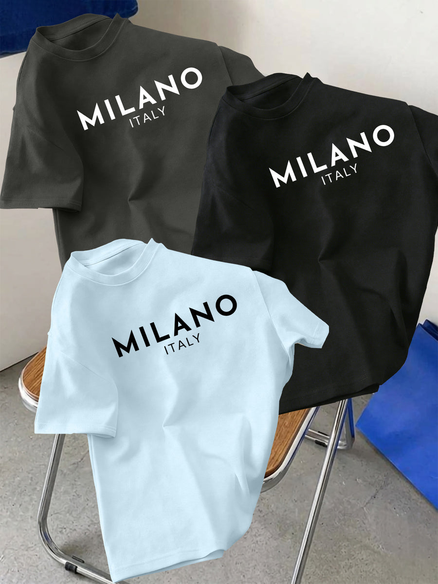 3pcs Set Men's Pure Cotton Short-Sleeve Crew Neck T-Shirt with Milan, Italy Pattern, Suitable for Daily Casual Wear, Comfortable, Soft, Breathable, Summer Essential - Light Blue + Black + Dark Gray