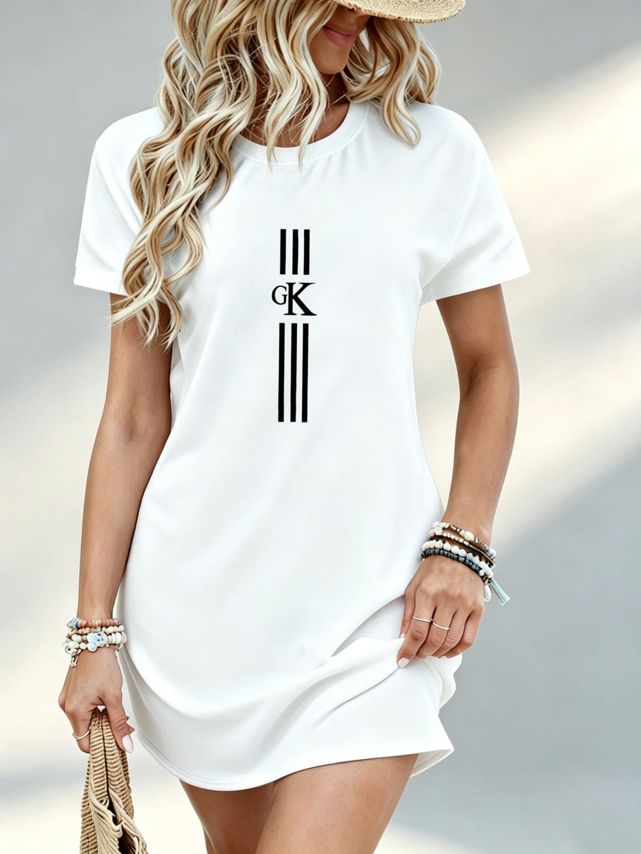 Printed Design - Not Textured, Casual, Women'S Dress, GK Letter Graphic Print, Daily Wear, Gift for Her - White