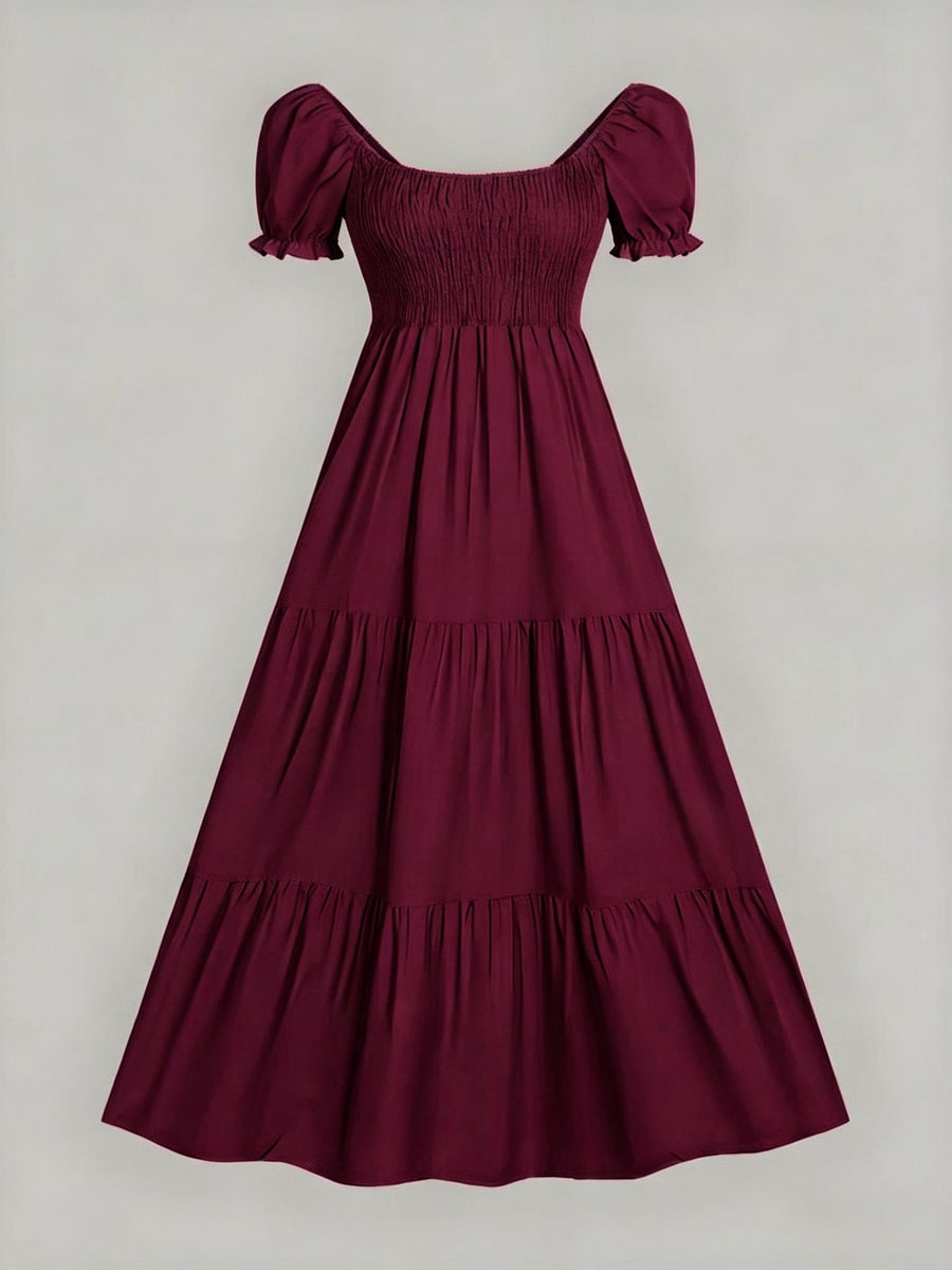 Four-Season Suitable Dress, Y2K Women's New Solid Color Square Neck Tie-Back Long Dress, Suitable for Streetwear, Commuting, Parties, Social Events, Vacations, Christmas, New Year, Valentine's Day, Women's New Clothing M186 - Burgundy