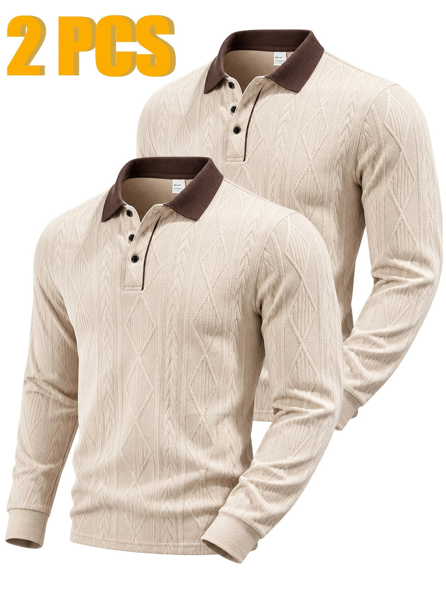 2pcs Men's Fashion Long-Sleeve Polo Shirt | High-End Contrast Color Lapel Jacquard Design T-Shirt | Essential Golf Polo Outfit | Breathable, Warm, Skin-Friendly, and Comfortable | for Indoor Gatherings and Outdoor Sports | Wardrobe Essential Casual - Apricot + Apricot