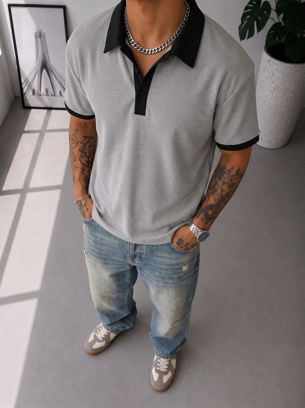 [Villa Le Water OBM] Men'S Heavyweight Patchwork Button-Up Collar American POLO Retro Short Sleeve - Dark Gray