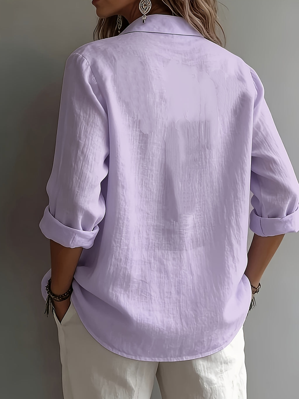 Women's Elegant Lapel Shirt, Loose Straight Fit with Long Sleeves, Lightweight, Comfortable, and Breathable Fabric, Versatile for Commuting and Casual Wear, Loose Straight Cut Flattering Design, Daily Comfortable and Relaxed Style - Purple