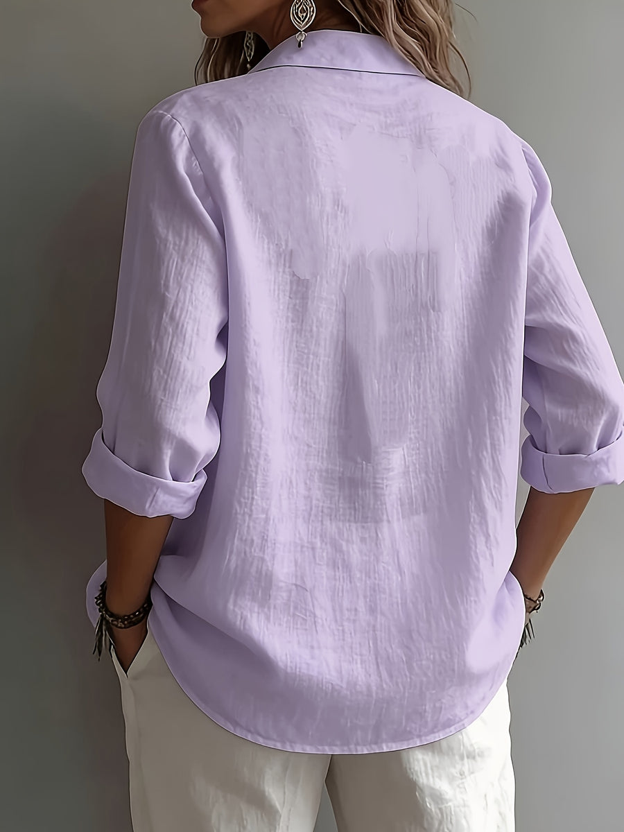Women's Elegant Lapel Shirt, Loose Straight Fit with Long Sleeves, Lightweight, Comfortable, and Breathable Fabric, Versatile for Commuting and Casual Wear, Loose Straight Cut Flattering Design, Daily Comfortable and Relaxed Style - Purple