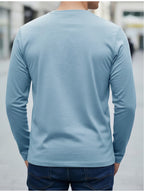 100%  T-shirt, Men's Crew Neck Long Sleeve T-shirt, Trendy Seagull Graphic Print Design, Suitable for Casual Wear and Outdoor Activities - Sky Blue