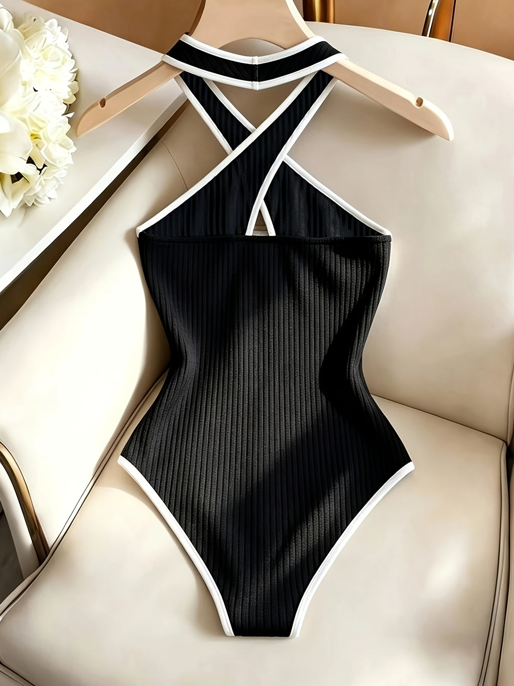 Contrast-color Women's Cross-neck Tie-neck Top with Hidden Snap Fasteners, Form-fitting. Suitable for Vacation Outfits, Women, Fashion Apparel. Ideal for Beach Vacations, Summer Vacation Outfits, Holiday Attire, Women's Holiday Party Gatherings - Black And White