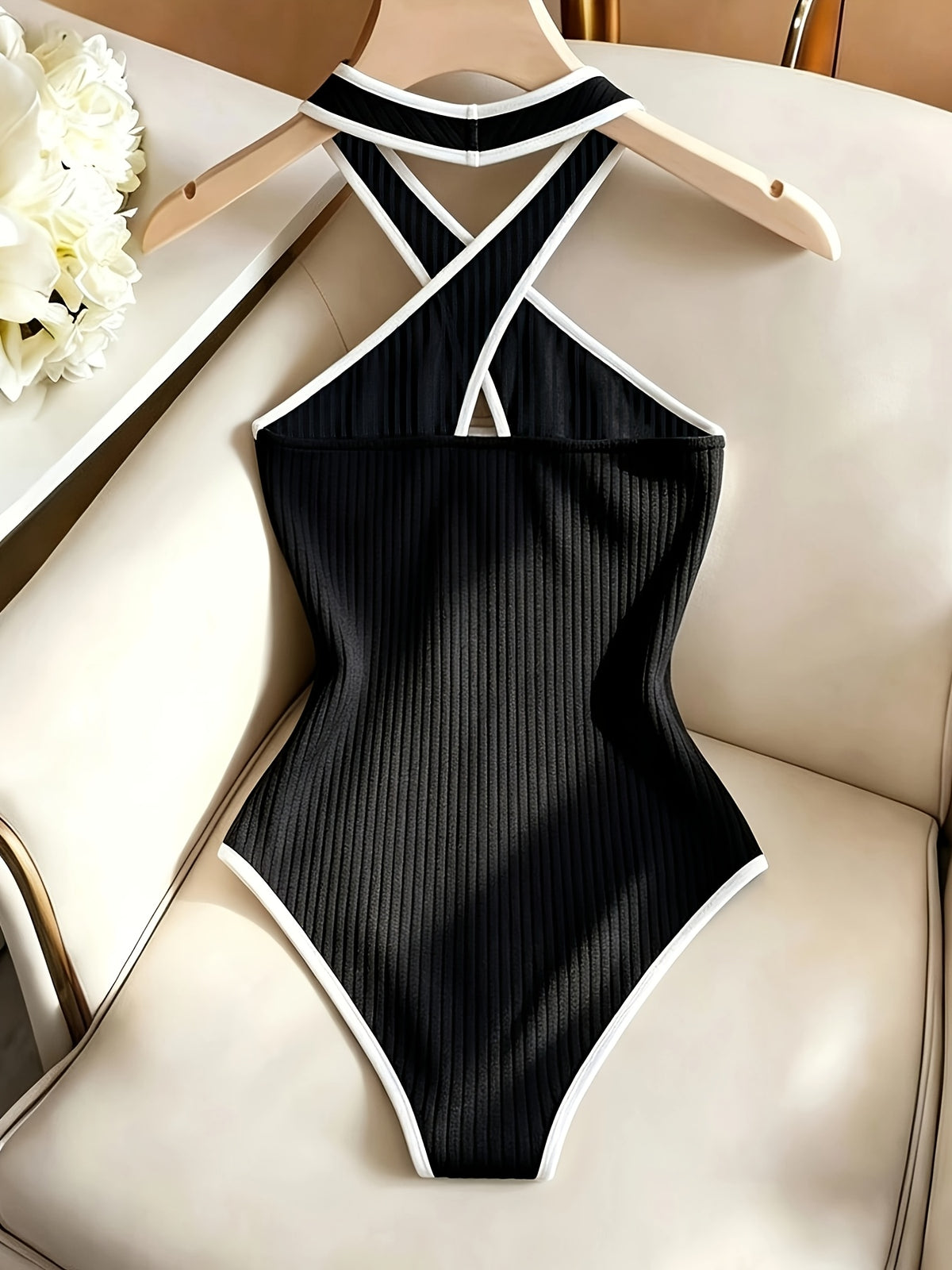 Contrast-color Women's Cross-neck Tie-neck Top with Hidden Snap Fasteners, Form-fitting. Suitable for Vacation Outfits, Women, Fashion Apparel. Ideal for Beach Vacations, Summer Vacation Outfits, Holiday Attire, Women's Holiday Party Gatherings - Black And White