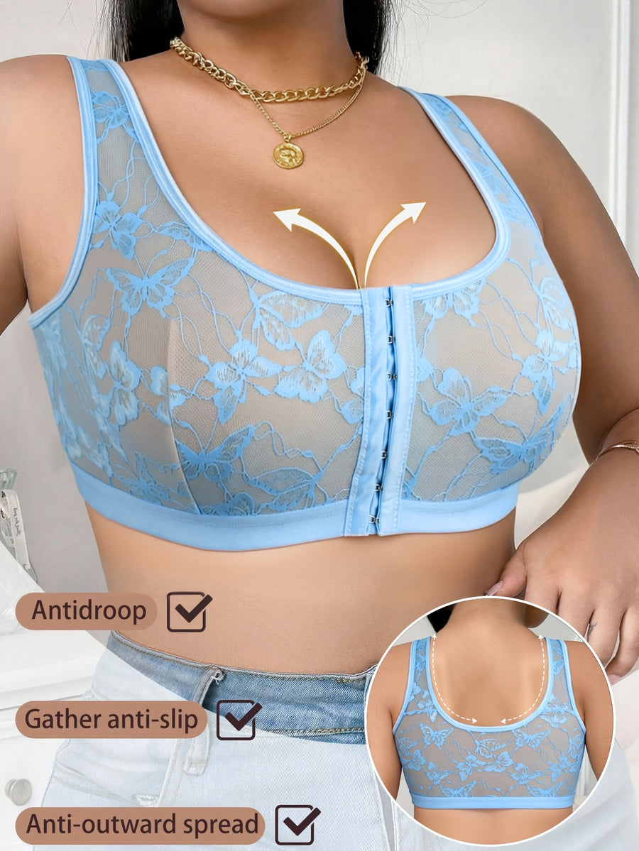 Plus Size Women's Sexy Front-Button Butterfly Mesh Breathable Comfortable Bra, New Spring/Summer Wire-Free Vest Top - Sky Blue