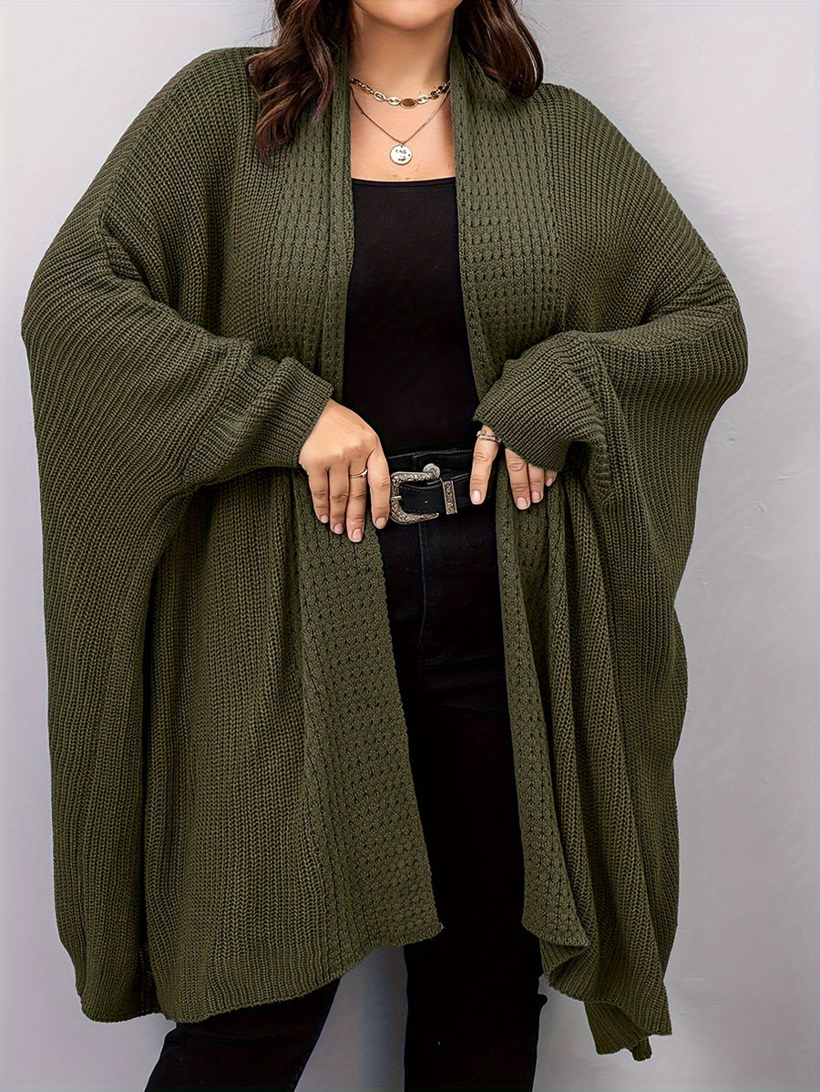 Plus Size, Plus Size Women's Batwing Sleeve Solid Open Front Cardigan - Olive Green