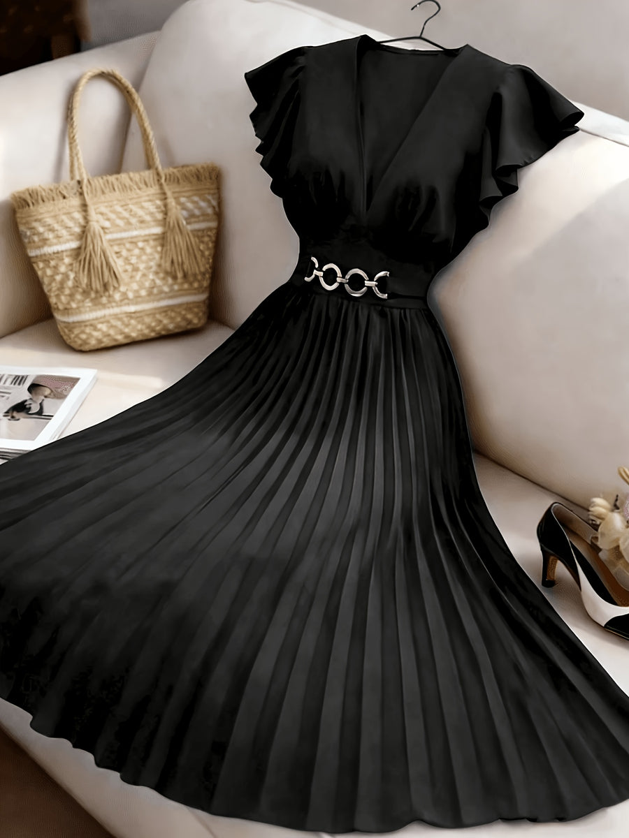 Spring Summer New Elegant Women'S Slim V-Neck Dress with Ruched Craft And Flared Skirt, Ruffled And Flounce Sleeves, Valentine'S Day Party Dress, Commute Fashion Skirt - Black