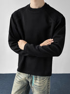 A Men's Fashionable, Trendy, Casual, Simple, and Versatile Crew-neck Long-sleeve T-shirt. Features a Loose Fit, Comfortable Micro-stretch Fabric, and a -blend Material. Suitable for Daily Casual and Commuter Wear - Black