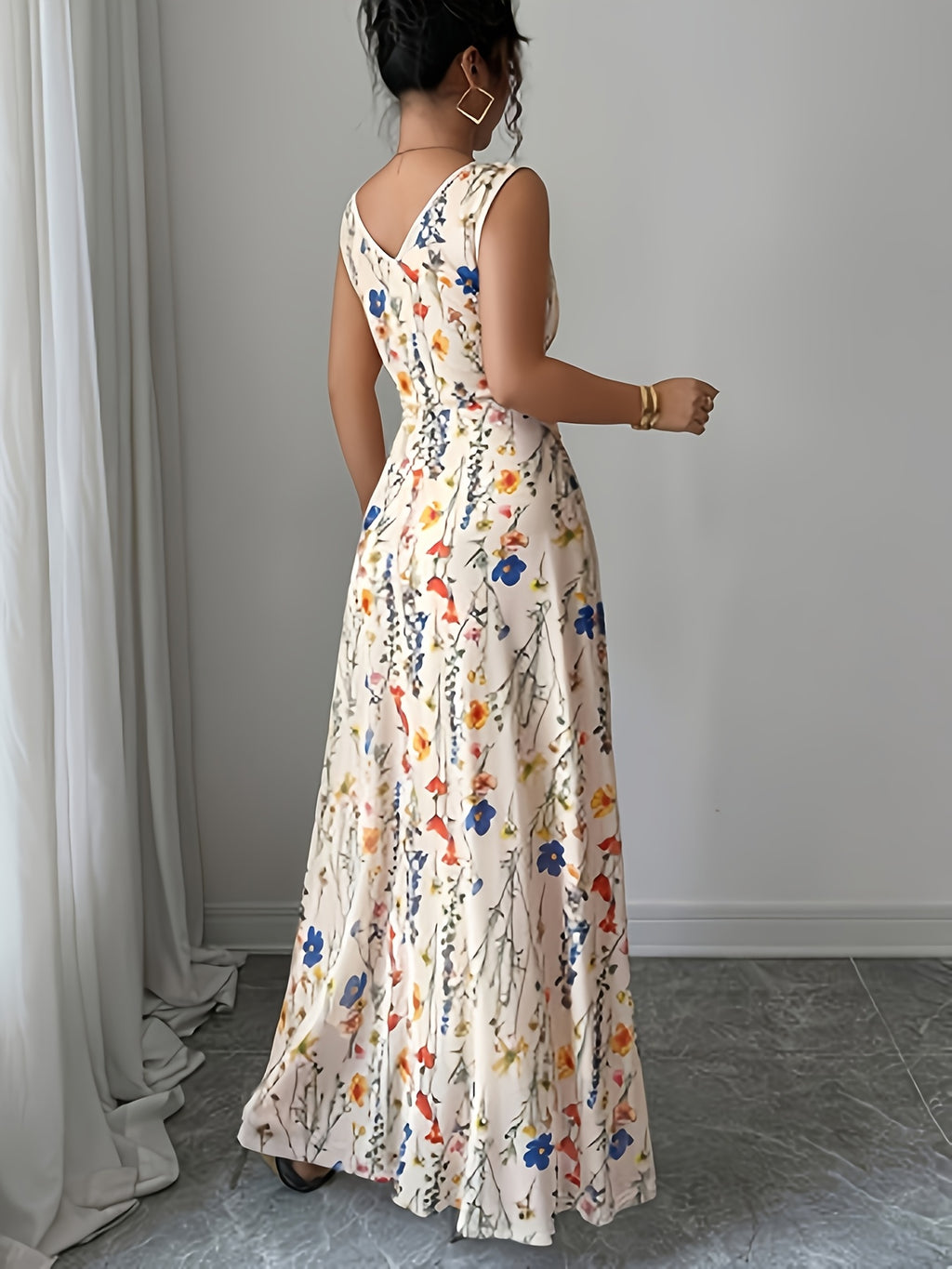 Spring/Summer Women's Elegant Fresh Floral Mesh Apricot Round Neck Waist-Tie Drawstring A-Line Sleeveless Maxi Dress YY251221206 - Multicolor