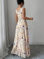 Spring/Summer Women's Elegant Fresh Floral Mesh Apricot Round Neck Waist-Tie Drawstring A-Line Sleeveless Maxi Dress YY251221206 - Multicolor